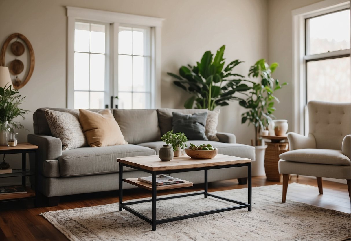 A cozy living room with pet-friendly hardwood floors, a durable and easy-to-clean sofa, and a non-toxic area rug. A sturdy and scratch-resistant coffee table completes the scene