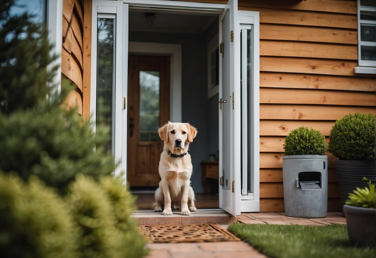 A home with a dog door installed in the back door, a designated toileting area in the yard, and easy access to cleaning supplies