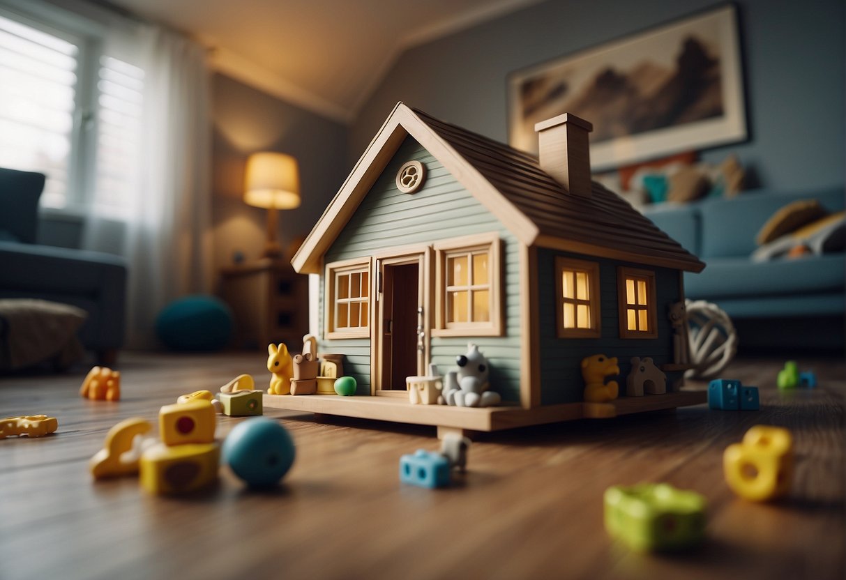 A small, cozy home with chew toys scattered on the floor. Furniture covered with protective padding. Electrical cords and small objects out of reach