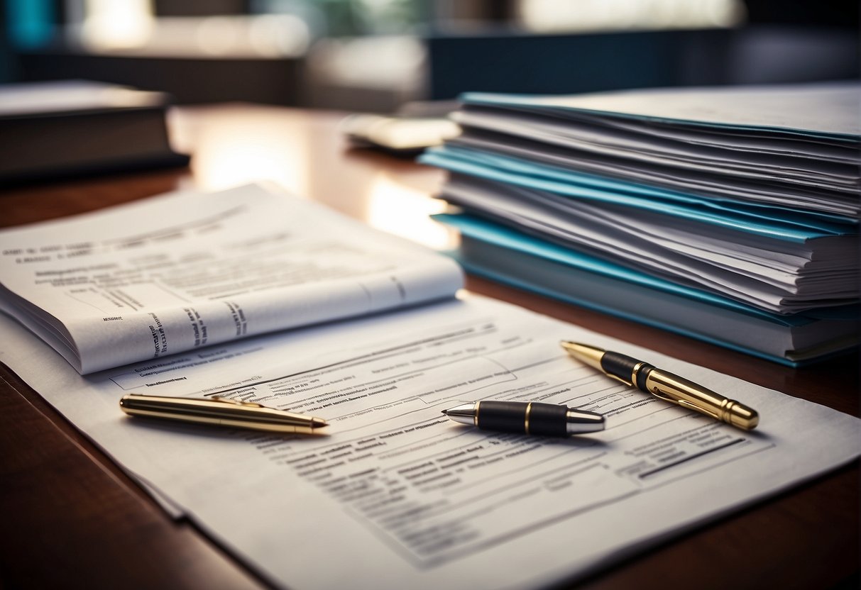 A stack of legal forms, including adoption agreements, vet records, and microchip registration, laid out on a desk with a pen ready to sign