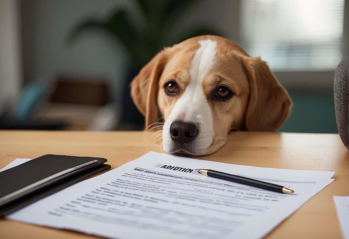 A stack of legal documents labeled "Dog Adoption" with a pen ready to sign on a desk