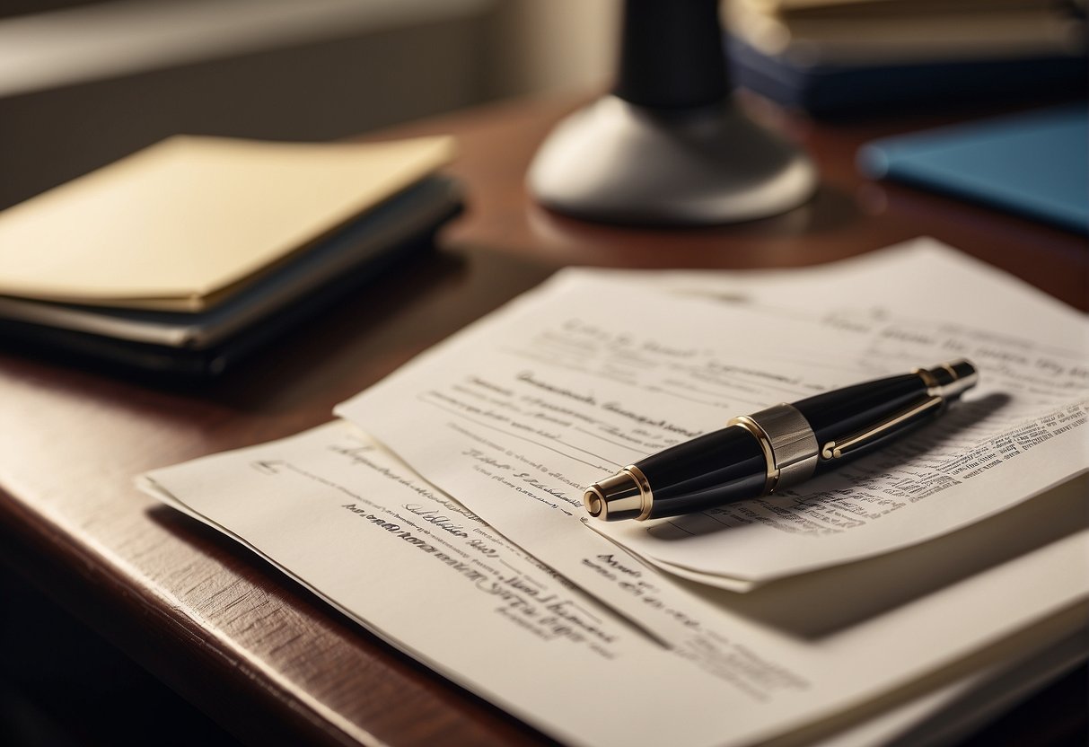 A stack of legal documents sits on a desk, including adoption contracts, medical records, and spay/neuter certificates. A pen hovers over the papers, ready to sign