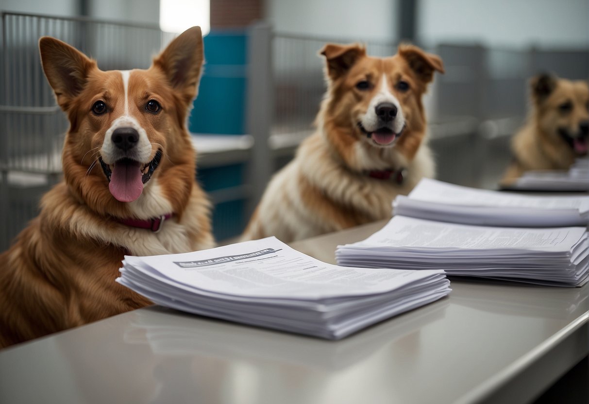 A group of dogs eagerly await in their kennels at the animal shelter, while a stack of legal documents related to dog adoptions sits on a nearby desk