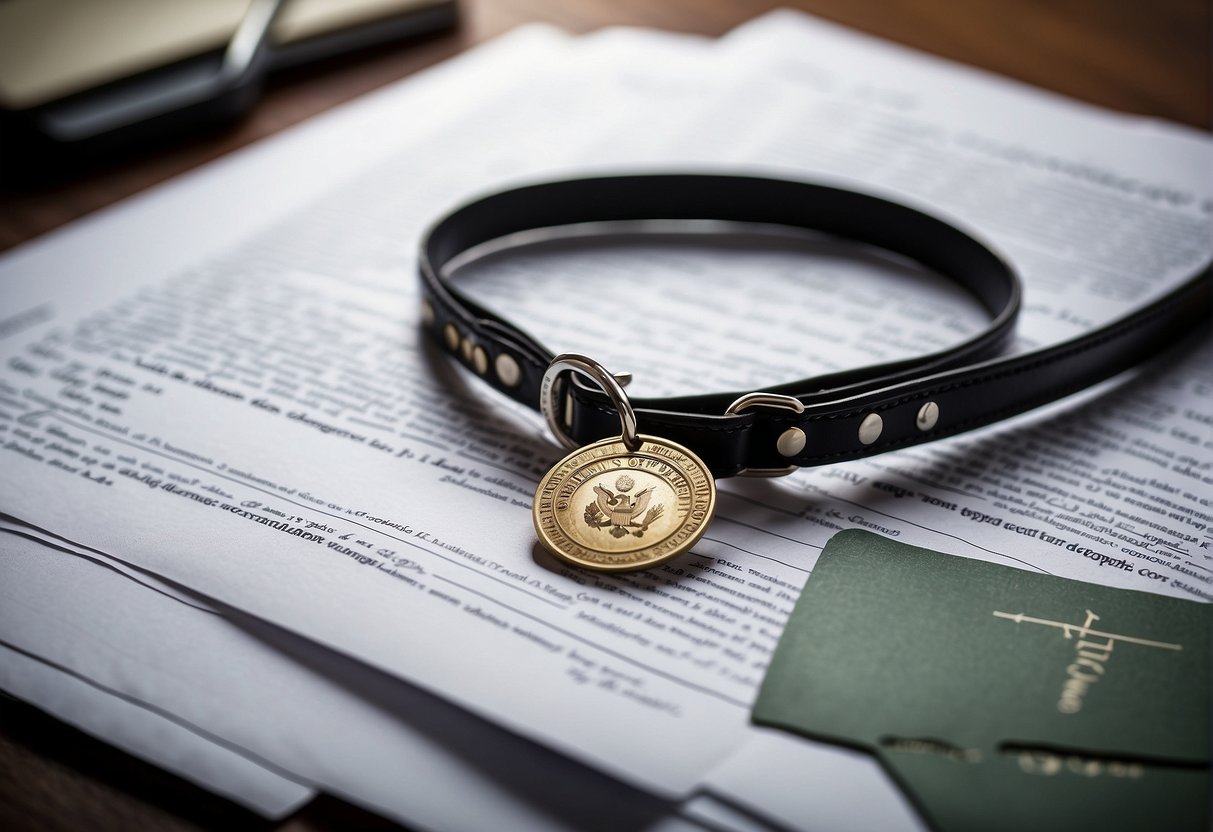 A stack of legal documents sits on a desk, including adoption contracts, medical records, and liability waivers. A dog tag and leash are also present