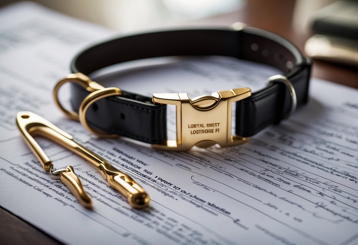 A stack of legal documents sits on a desk, including adoption forms, contracts, and certificates. A dog collar and leash are nearby, ready for the new owner