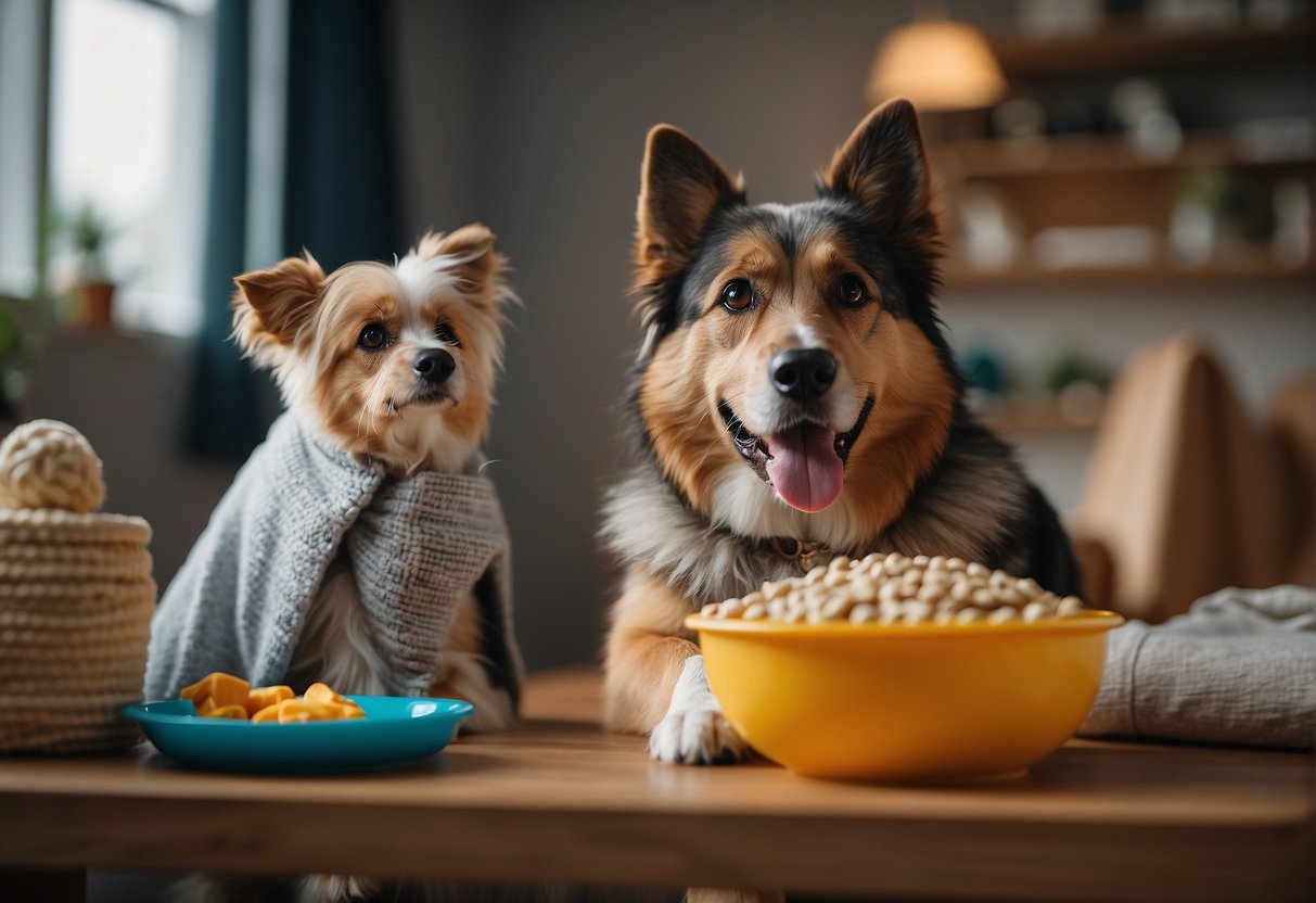 A dog sitting in a cozy shelter with a bowl of food, toys, and a blanket, surrounded by a caring staff member explaining adoption fees