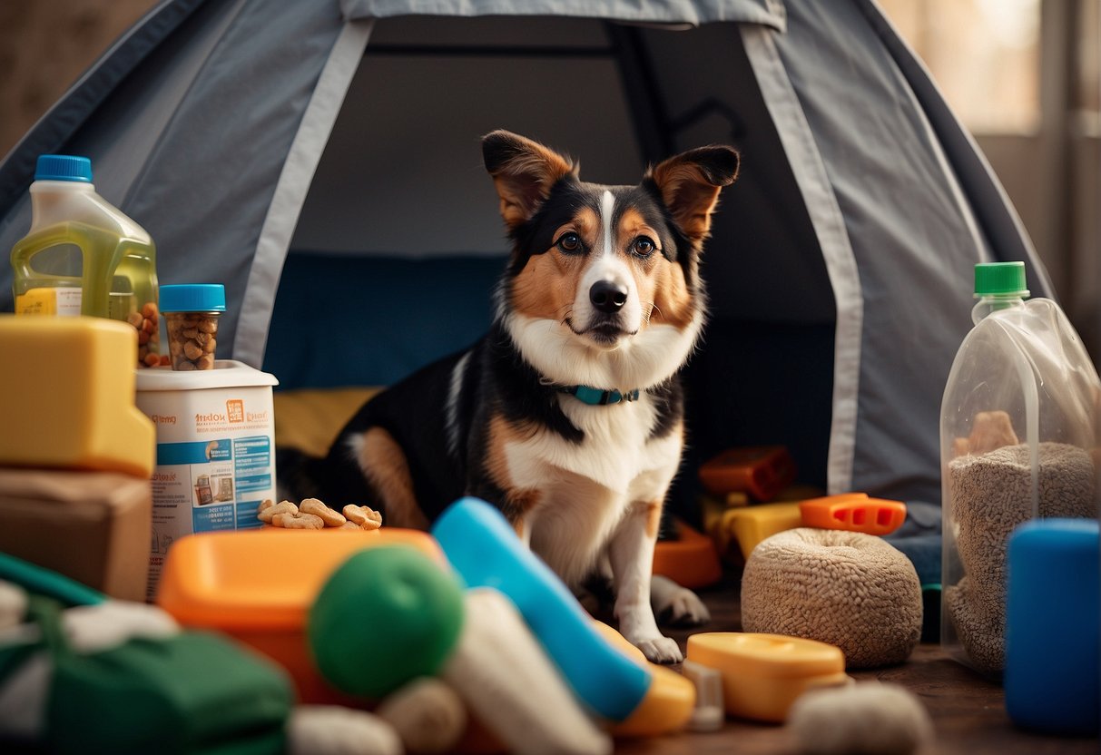 A dog sits in a shelter kennel, surrounded by various items such as food, toys, and medical supplies. A price tag is visible, representing the cost of adopting a pet