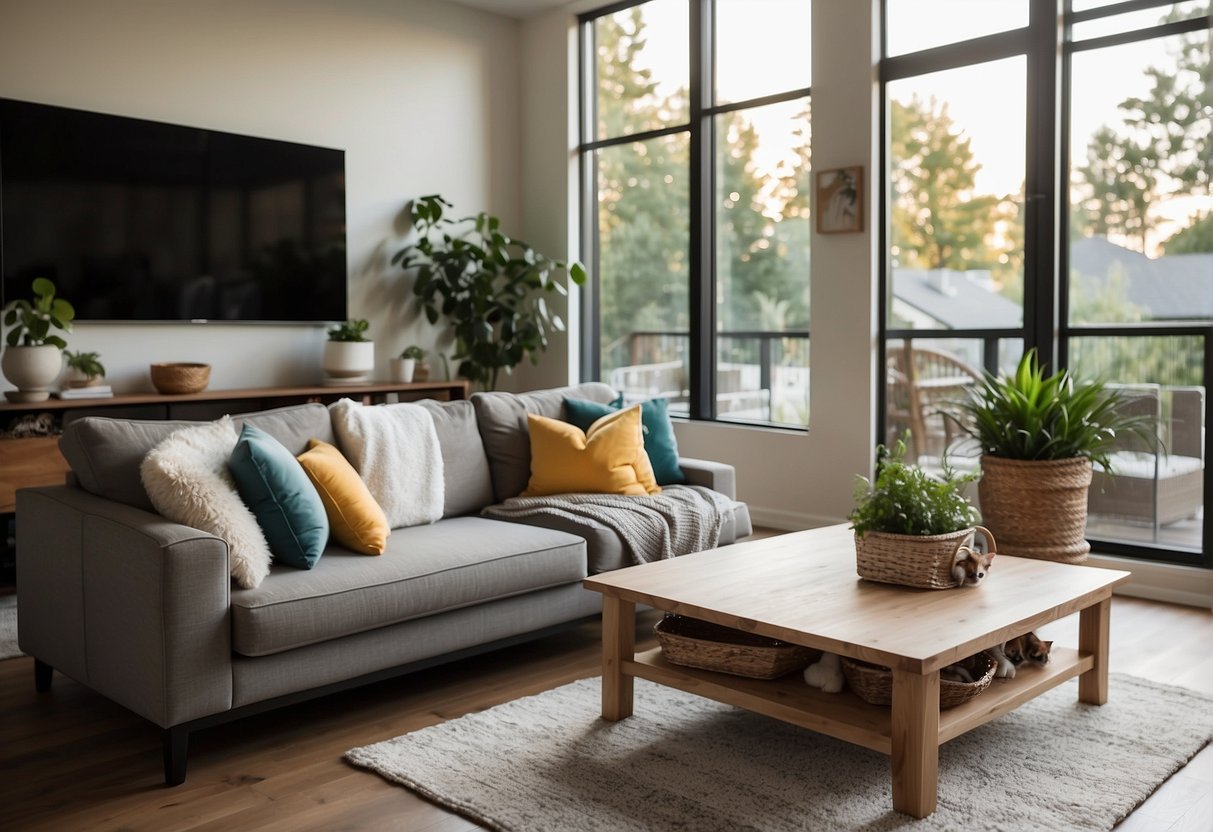 A tidy living room with pet-friendly furniture, secure gates, and a well-stocked pet care area. Outdoor space with a fenced yard and safe play areas