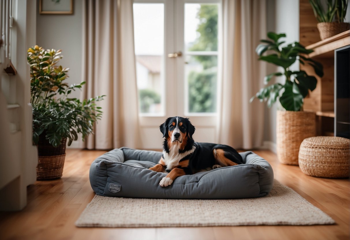 A cozy home with secure gates, non-toxic plants, and padded corners. Dog toys and a comfortable bed are placed in a designated area