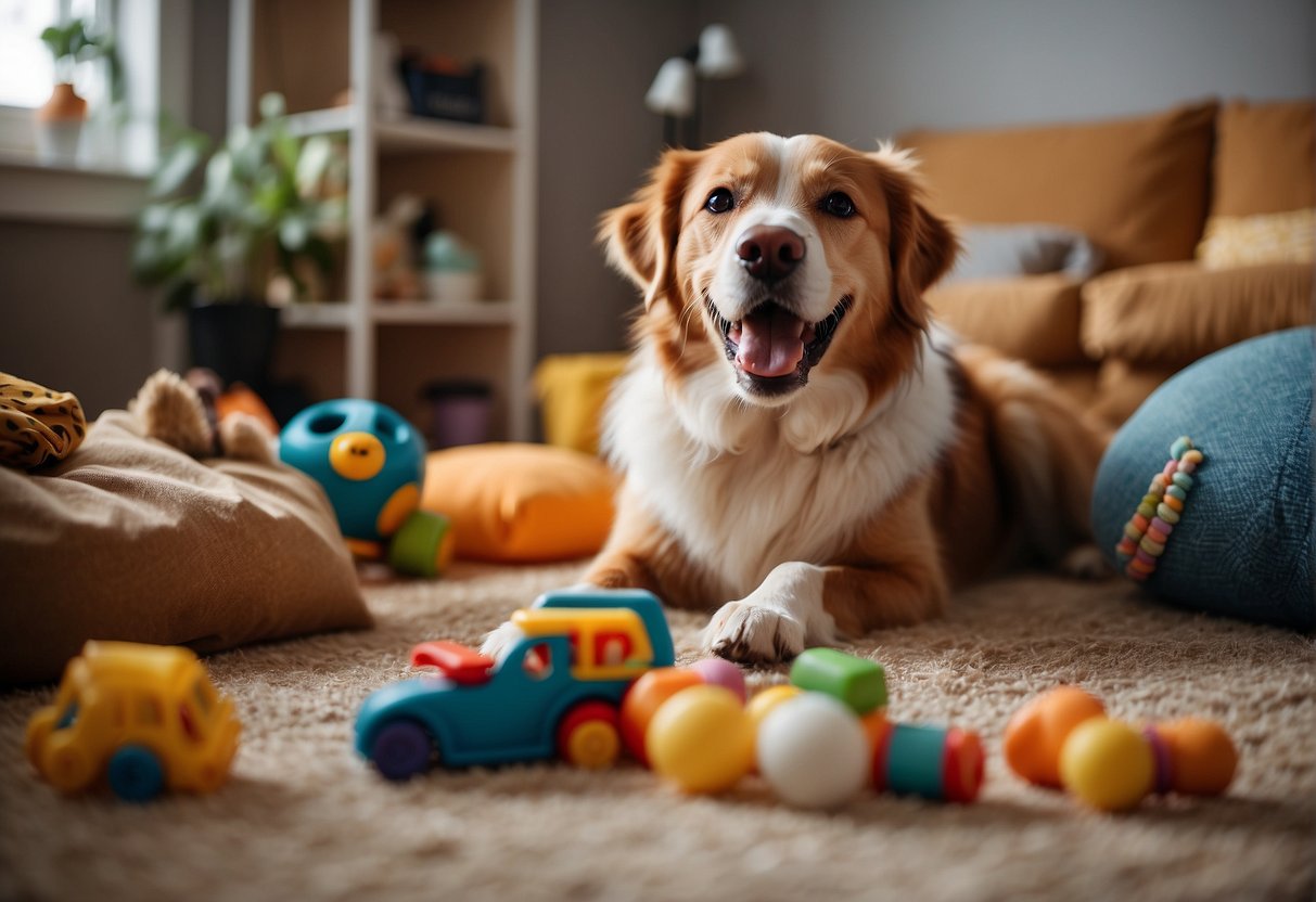 A happy dog playing in a cozy home, surrounded by toys, food, and a comfortable bed. An adoption fee sign is visible, indicating the value of providing a loving environment for the dog