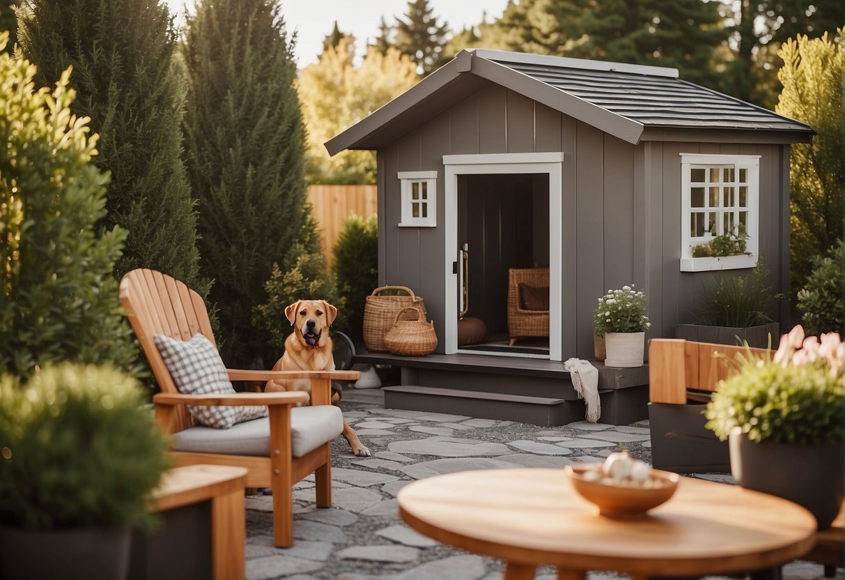 A cozy outdoor space with a dog house, toys, and a secure fence. A clean and organized home with pet-friendly furniture and designated play areas