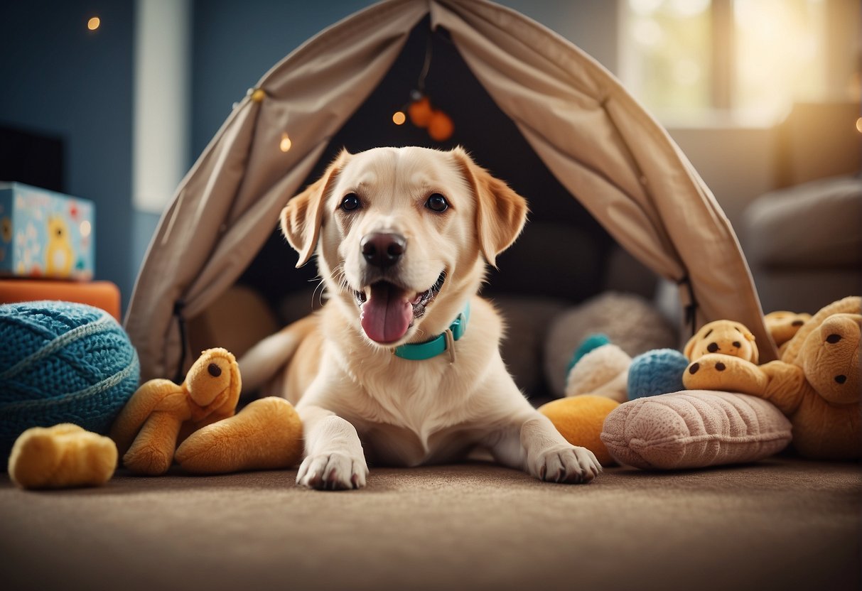 A happy dog wagging its tail in a cozy shelter, surrounded by toys, food, and a comfortable bed, with a sign explaining the adoption fees covering vaccinations, spaying/neutering, and medical care