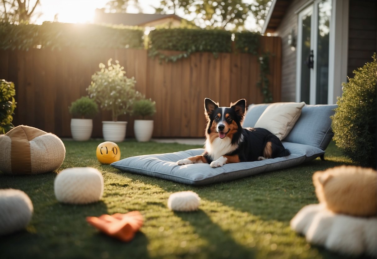 A cozy living room with a soft bed, food and water bowls, and toys scattered around. A secure fence surrounds the backyard with a doggy door leading inside