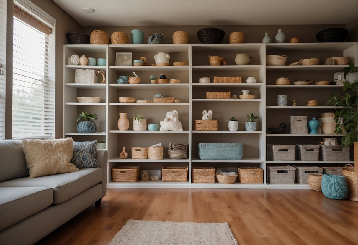 A tidy home with organized shelves, clean floors, and well-maintained furniture. Dog toys and accessories neatly arranged. No visible signs of damage or neglect