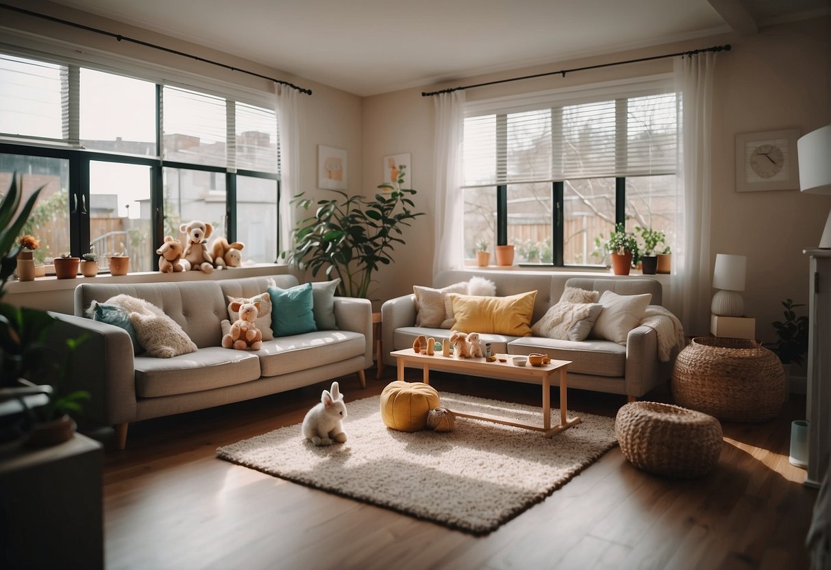 A cozy living room with a soft bed, toys, and food bowls. A fenced yard with space to play. Safety gates and secure windows