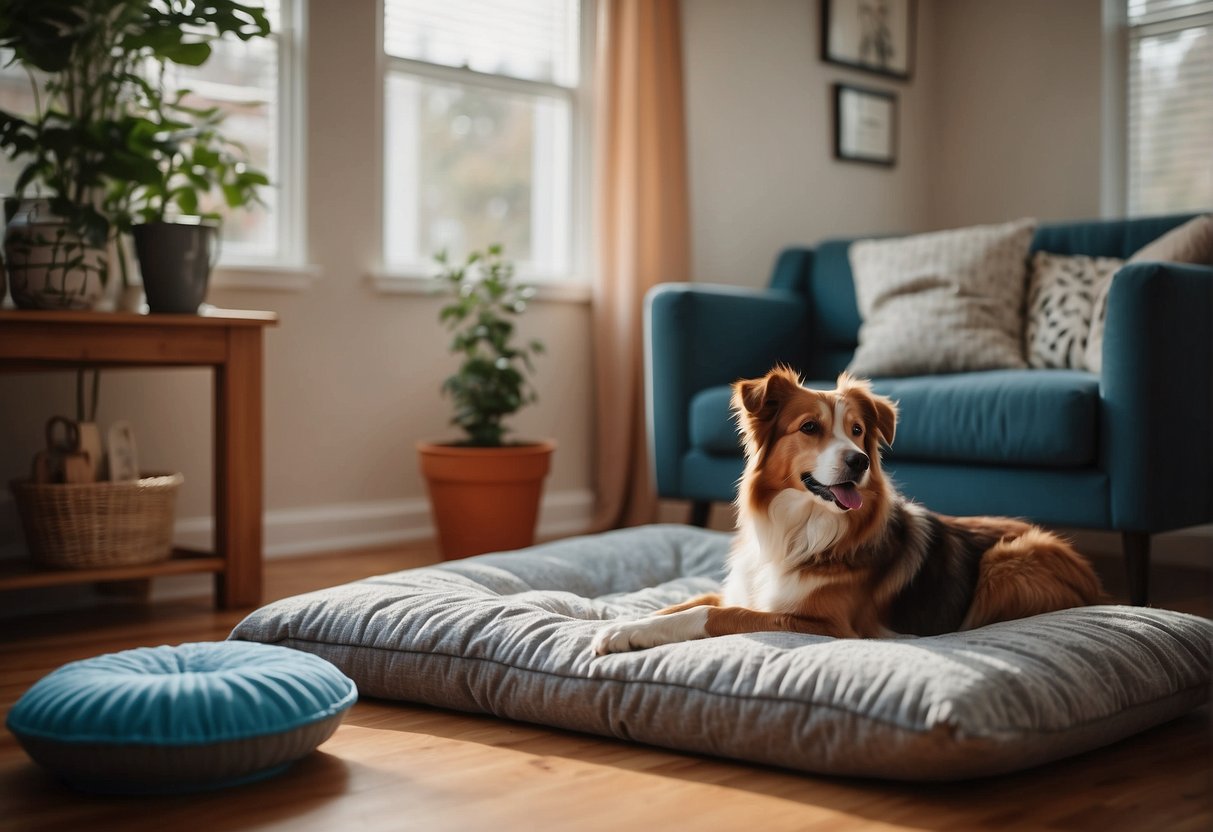 A cozy living room with a dog bed, toys, and food/water bowls. A fenced backyard with secure gates. A designated potty area with waste disposal supplies