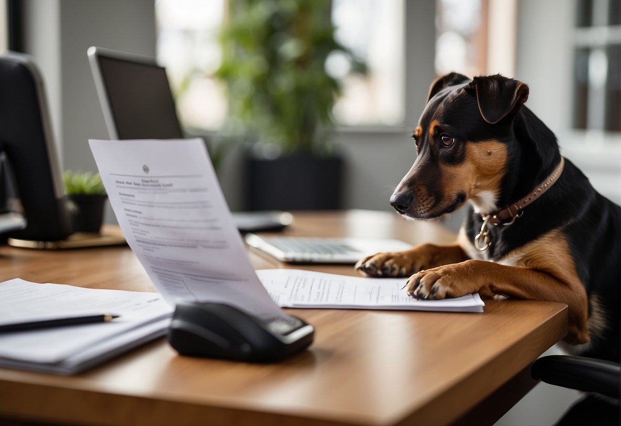 A person filling out a dog adoption application at a desk with a pen and paperwork, while a dog sits nearby eagerly awaiting a new home