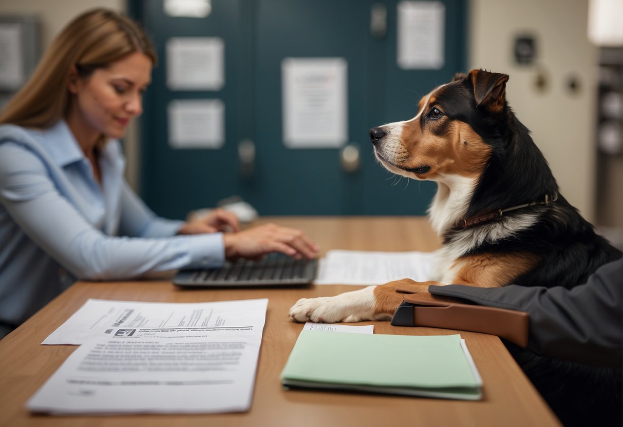 A person fills out a dog adoption application at a desk while a staff member reviews paperwork. A dog waits patiently in a nearby kennel