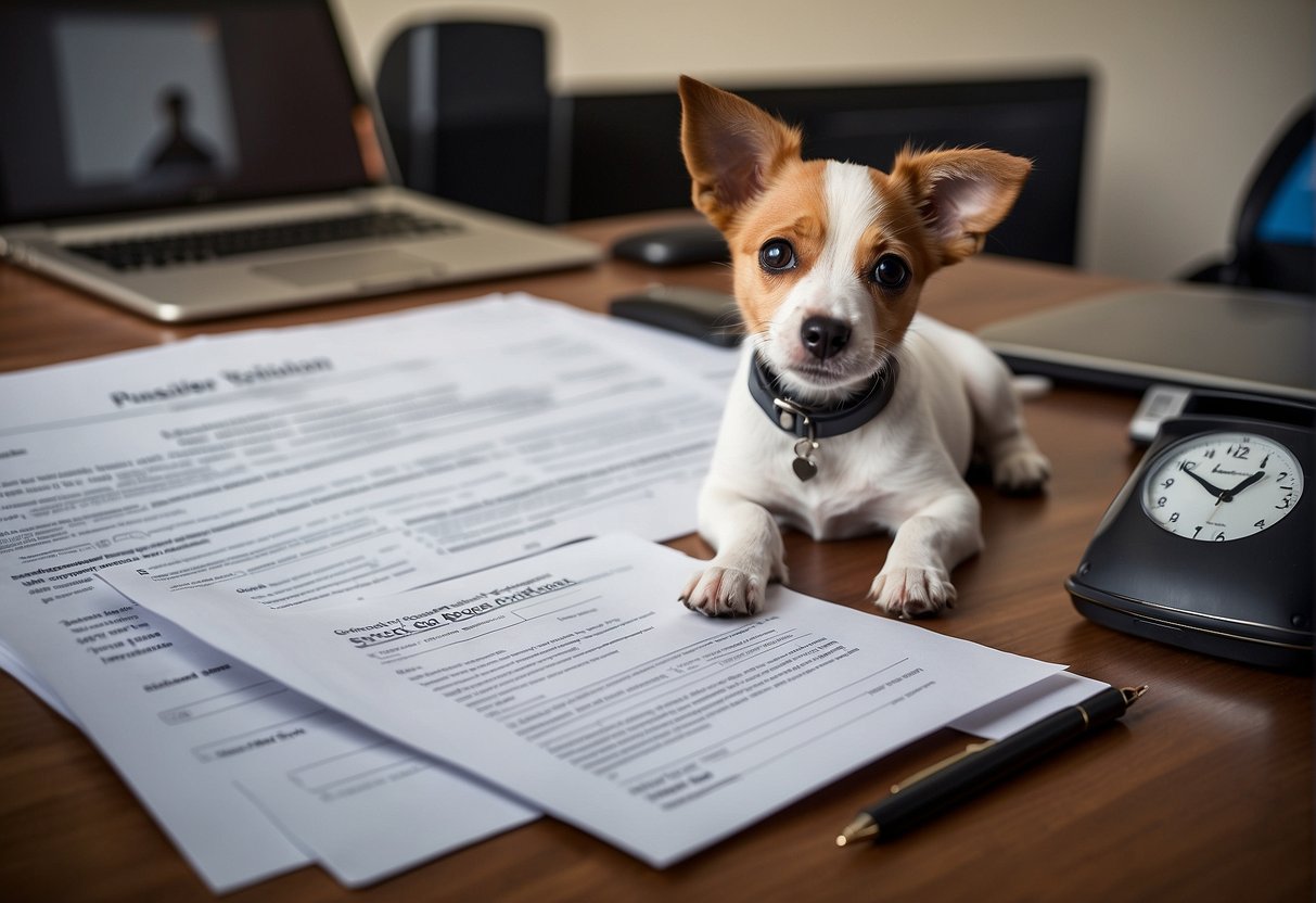 A dog adoption application form sits on a desk, surrounded by a pen, a computer, and a clock showing the passage of time