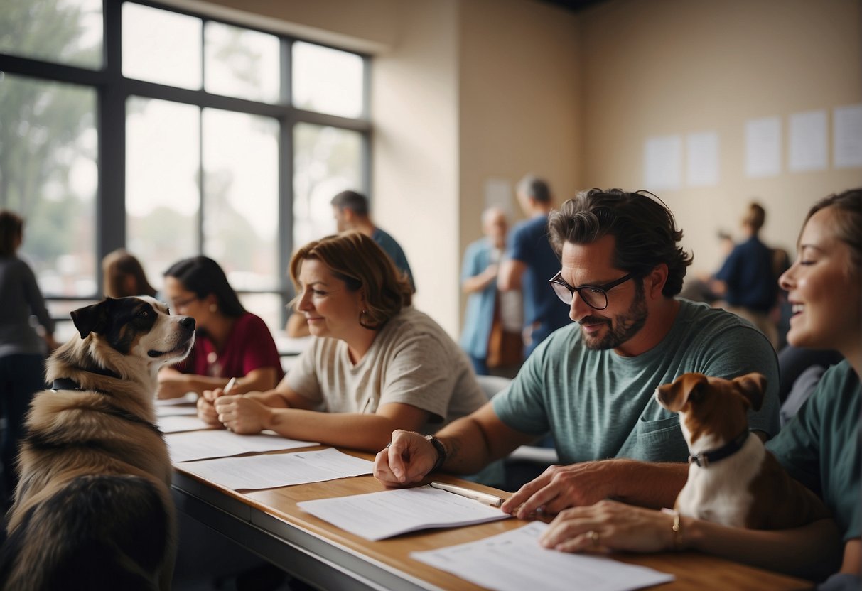 A group of people filling out dog adoption applications at a shelter, with a clock on the wall showing the passing of time