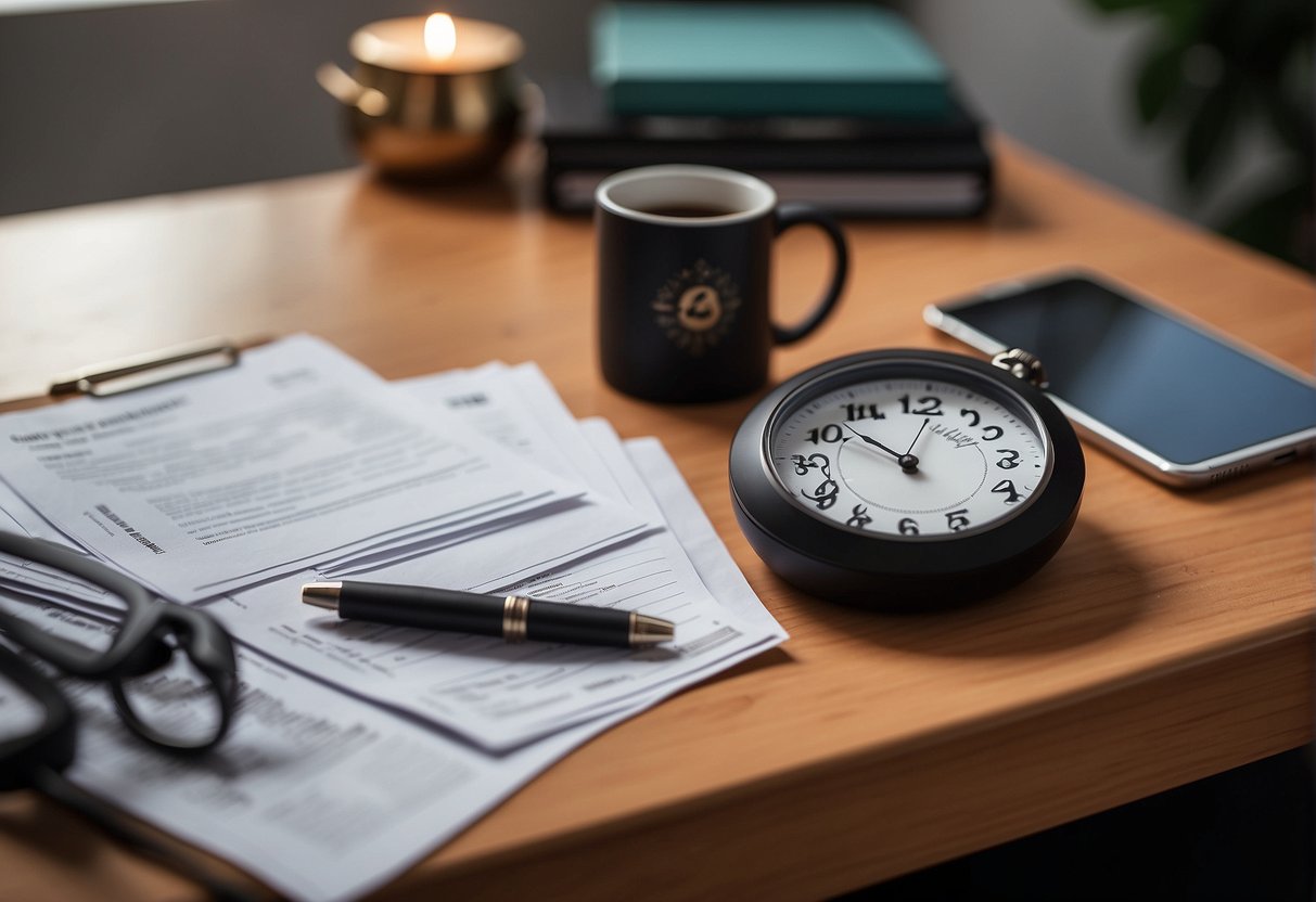 A stack of dog adoption applications sits on a desk, a clock on the wall shows time passing. A staff member reviews each application, making phone calls and sending emails to speed up the process