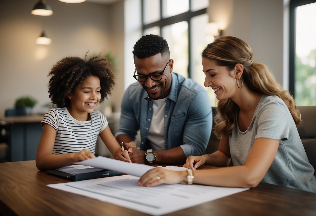 A smiling family fills out dog adoption paperwork quickly with a helpful staff member