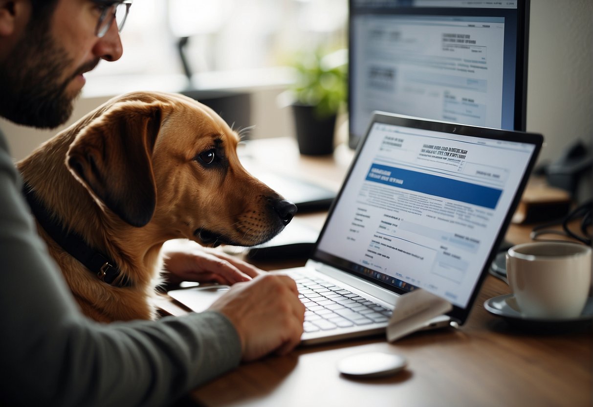 A person fills out a dog adoption application form at a desk with a computer and paperwork, while a dog sits nearby, eagerly waiting for the process to be completed