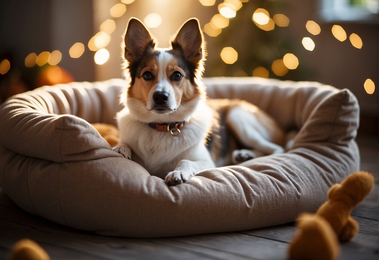 A cozy dog bed sits in a sunlit room, surrounded by toys and treats. A leash and collar hang nearby, ready for a new furry friend