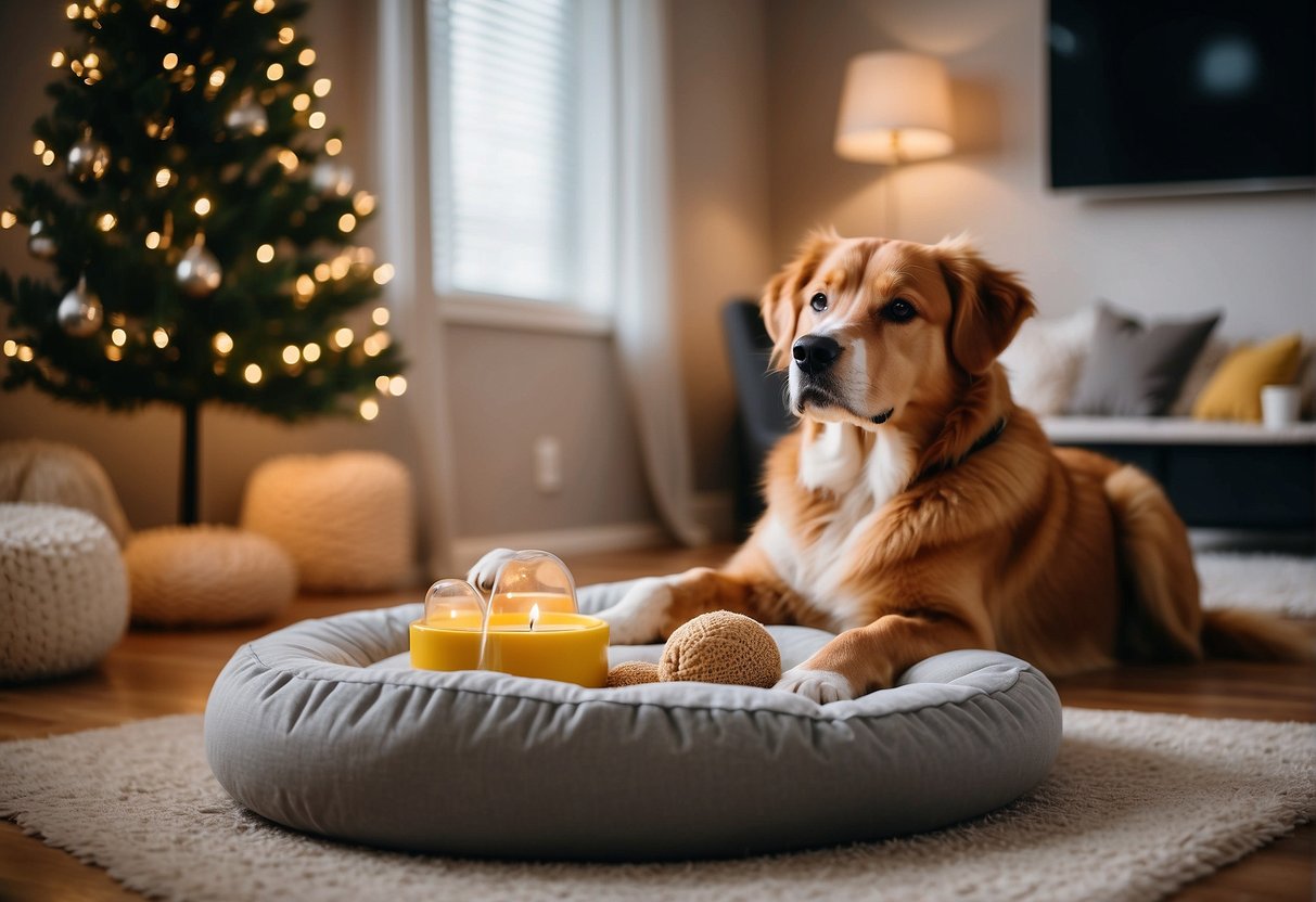 A cozy living room with a dog bed, toys, and food bowls set up. Soft lighting and calming decor create a welcoming atmosphere for a new furry family member