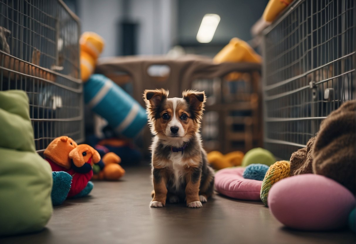 A dog sitting nervously in a shelter kennel, surrounded by toys and blankets, while potential adopters look on with hopeful anticipation