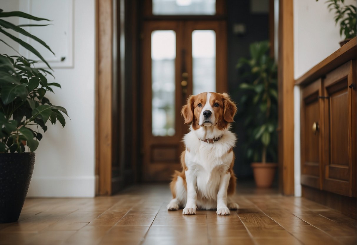 A dog sits calmly by the front door, wagging its tail and making eye contact with visitors. It shows no signs of aggression and responds positively to gentle interaction