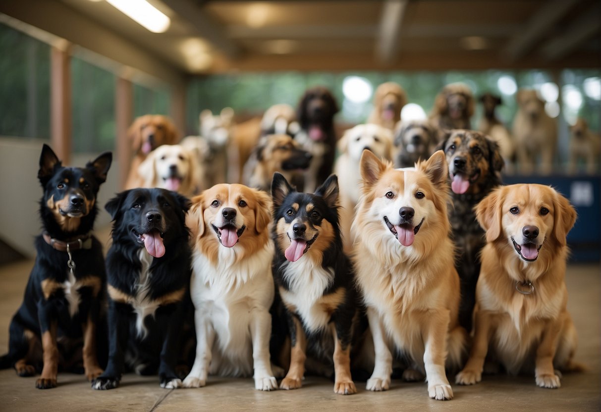 A variety of dog breeds are shown in a shelter setting, engaging with potential adopters. Each dog displays unique characteristics and behaviors, such as wagging tails and friendly interactions, to depict compatibility with different homes