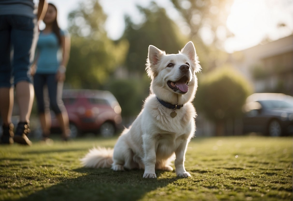 A dog with relaxed body posture, wagging tail, and friendly eye contact. Playing with toys and approaching people calmly