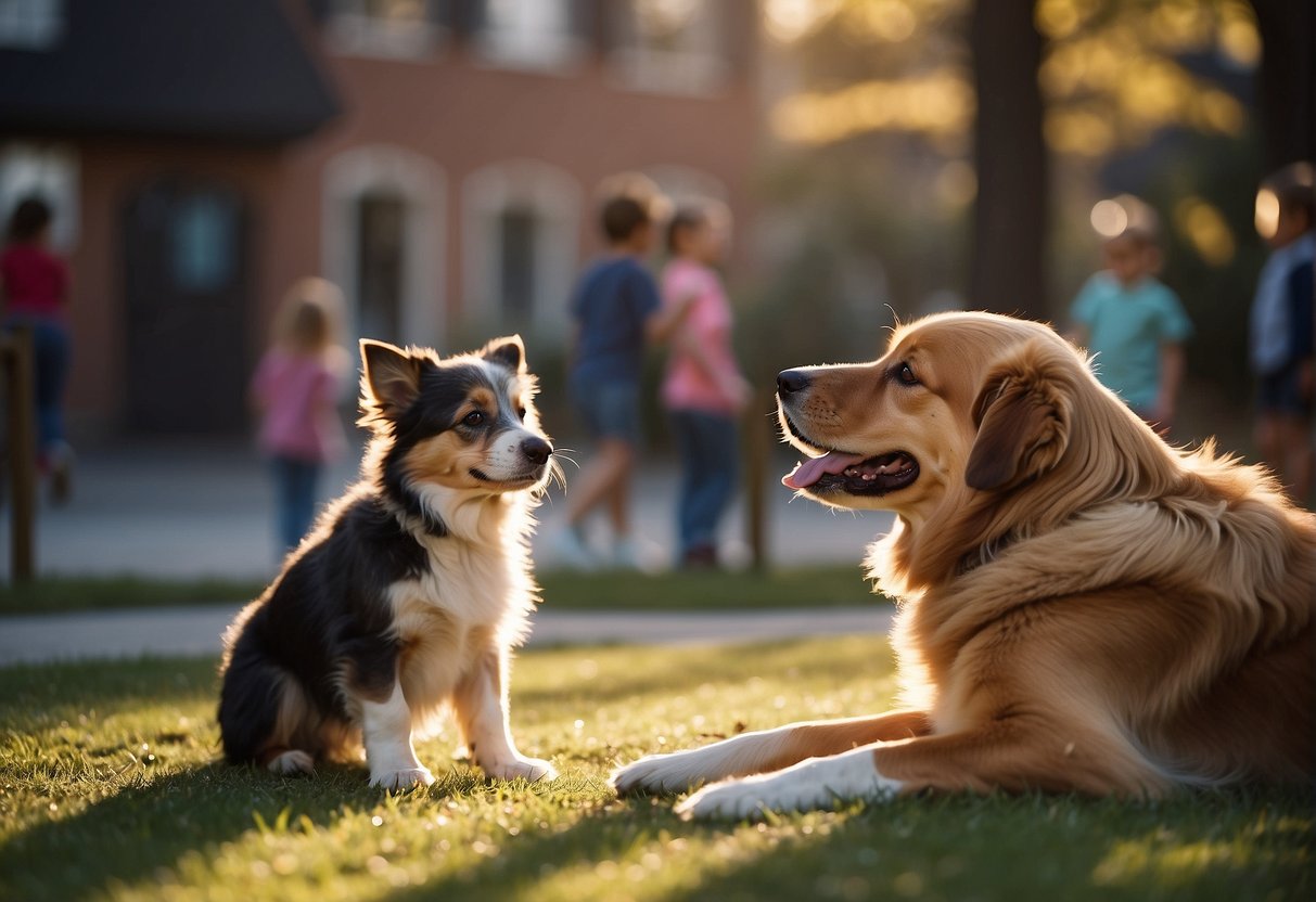 A dog playing peacefully with children and other pets, showing friendly body language and relaxed behavior