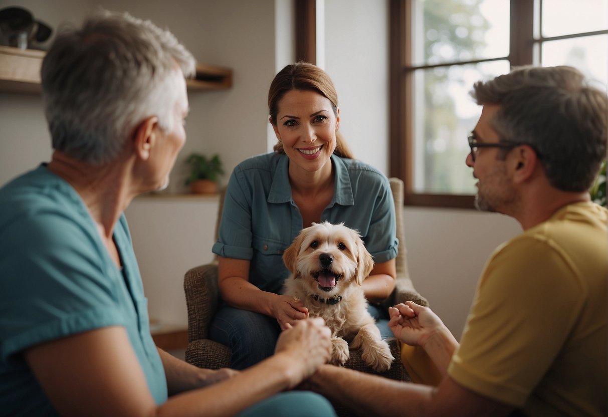 A dog adoption interview: A shelter worker asks questions while a family interacts with a potential new pet in a cozy, welcoming room