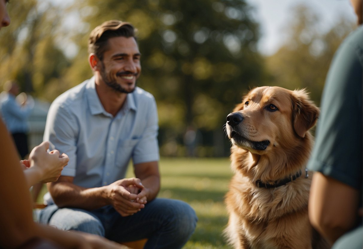 A dog adoption interview: a shelter worker asks questions, while a hopeful adopter listens attentively. The atmosphere is warm and friendly, with dogs playing in the background