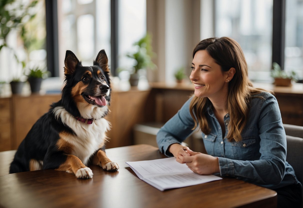 A person sits across from an adoption agency representative, asking questions about dog adoption. Both are engaged in conversation, with paperwork and a list of questions on the table