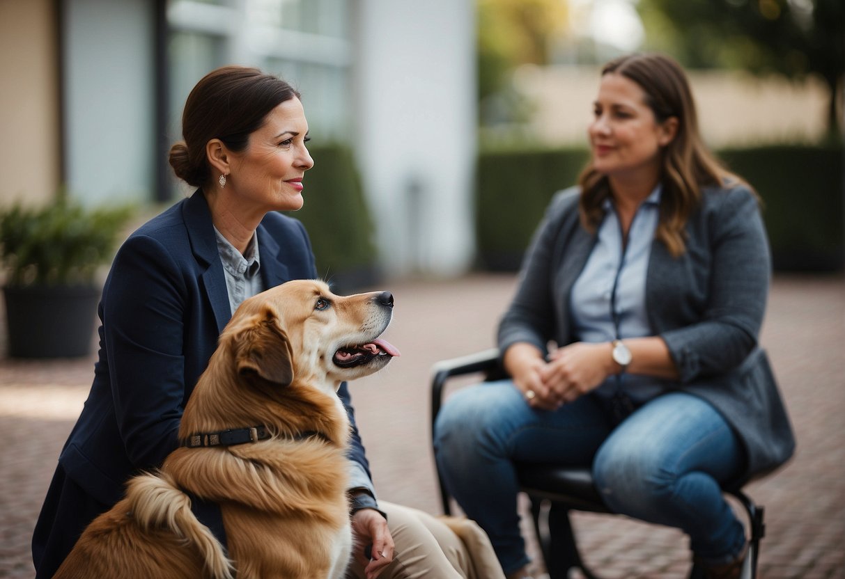 A dog adoption interview: A shelter worker asks questions, a potential adopter listens attentively, a dog sits nearby, hopeful and curious