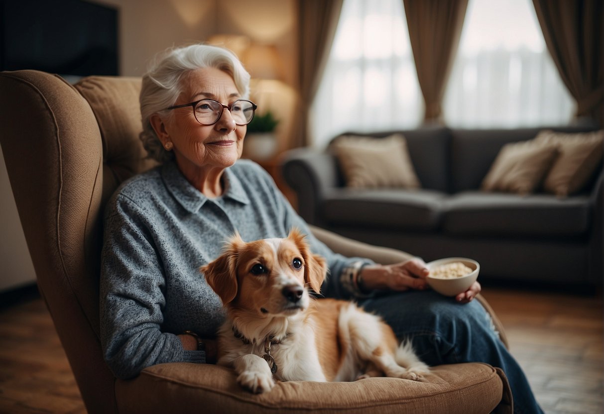 An elderly person sitting in a cozy chair, with a small, calm dog resting by their feet. A leash, dog bed, and food bowl nearby