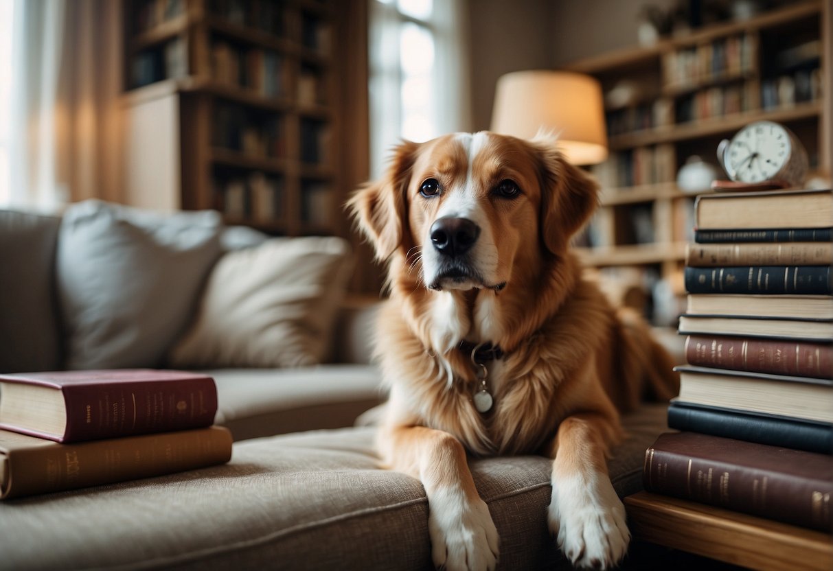 Elderly person sits in cozy living room, surrounded by books and soft blankets, researching best dog breed for companionship