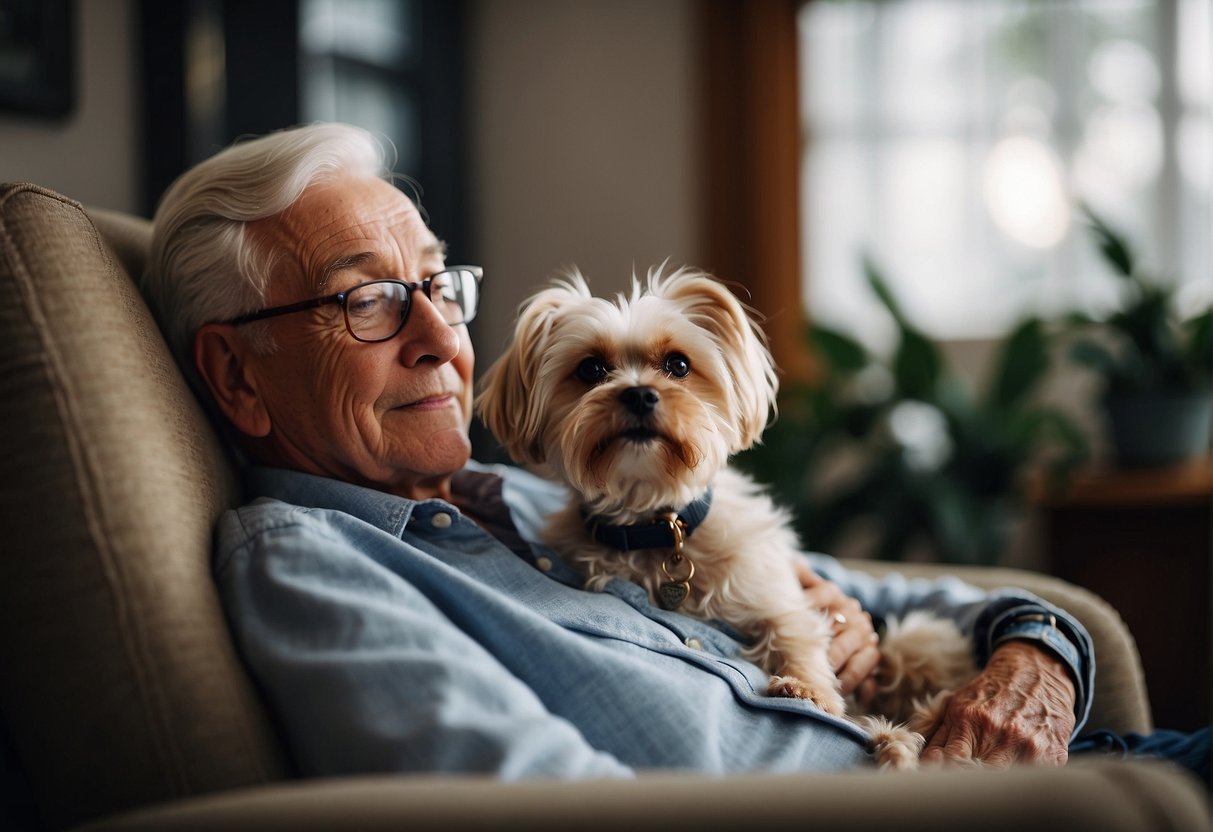 An elderly person sitting in a cozy chair, with a small dog resting in their lap, both looking content and at ease