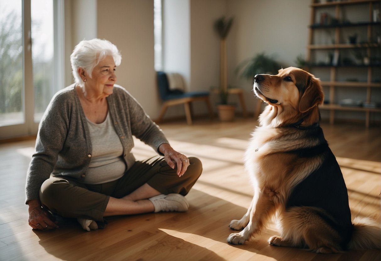 A senior dog sits calmly beside an elderly person, while a trainer leads them through gentle exercises in a peaceful, well-lit room