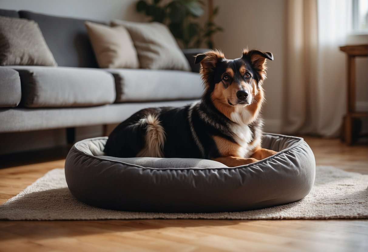 A cozy living room with a low-maintenance dog bed, easy-to-reach food and water bowls, and a clutter-free space for safe mobility