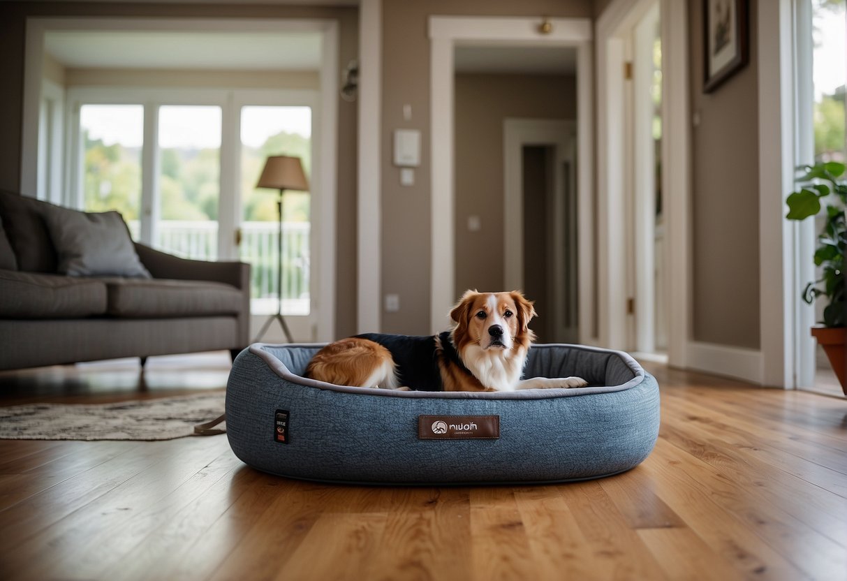 A senior-friendly home with a low-entry dog bed, non-slip flooring, and wide, easy-to-access doorways. A leash and harness hanging by the door for safe walks