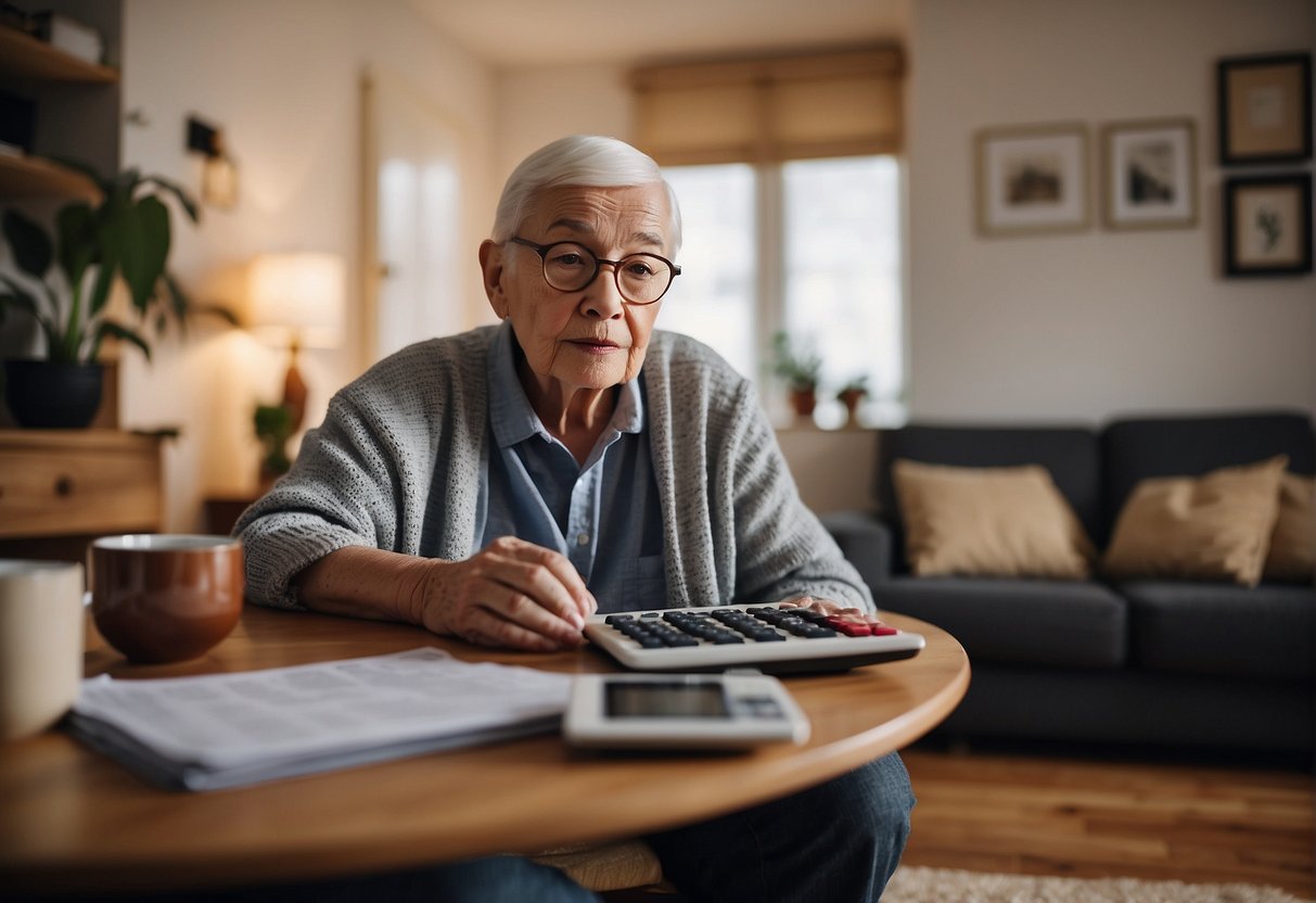 An elderly person sitting in a cozy living room, surrounded by paperwork and a calculator. A dog bed and food dishes are nearby, with a budget chart on the wall