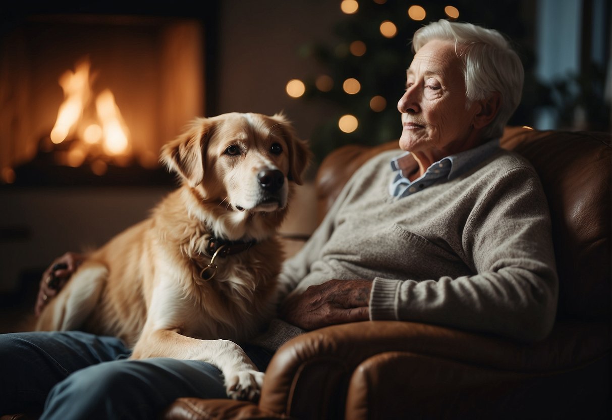 An elderly person sitting in a cozy armchair, with a loyal dog resting at their feet. The two are gazing at each other with a sense of deep emotional connection and companionship