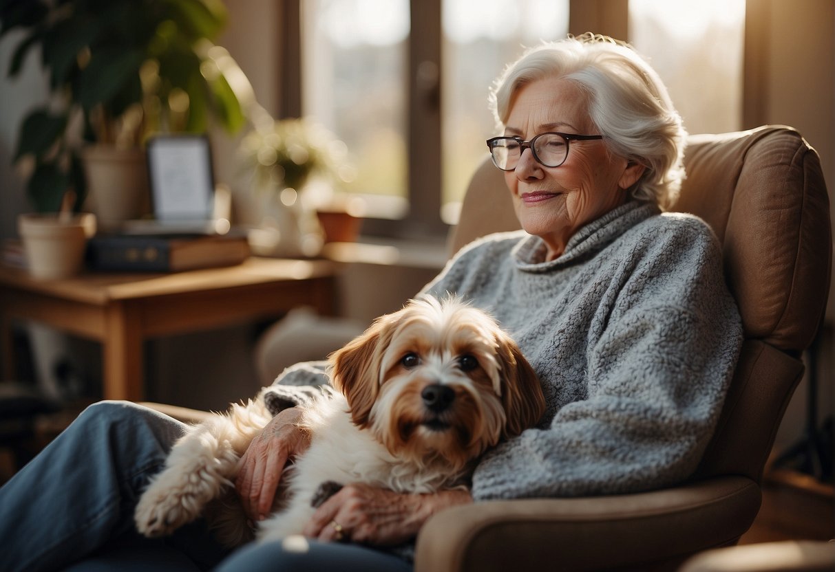 An elderly person sitting in a cozy chair with a dog by their side, surrounded by resources and support materials for dog adoption