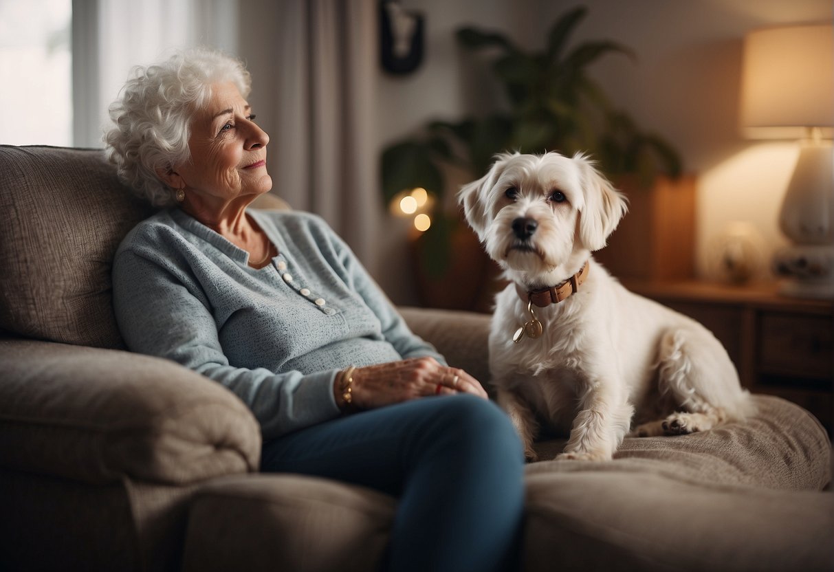 An elderly person sitting in a cozy chair, with a gentle dog resting at their feet, both looking content and peaceful