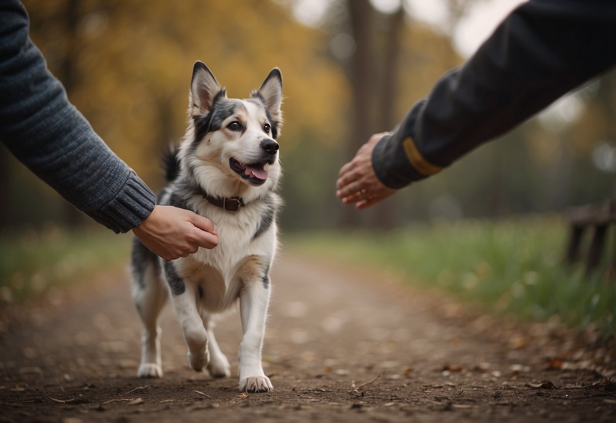 A dog approaches a calm, open hand, wagging its tail. The dog's body language shows curiosity and trust, ears relaxed, and eyes soft