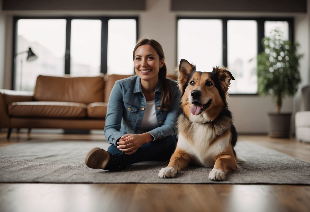 A dog and a person sitting on the floor, making eye contact and smiling. The dog's body language is relaxed and open, showing signs of trust and comfort with the person